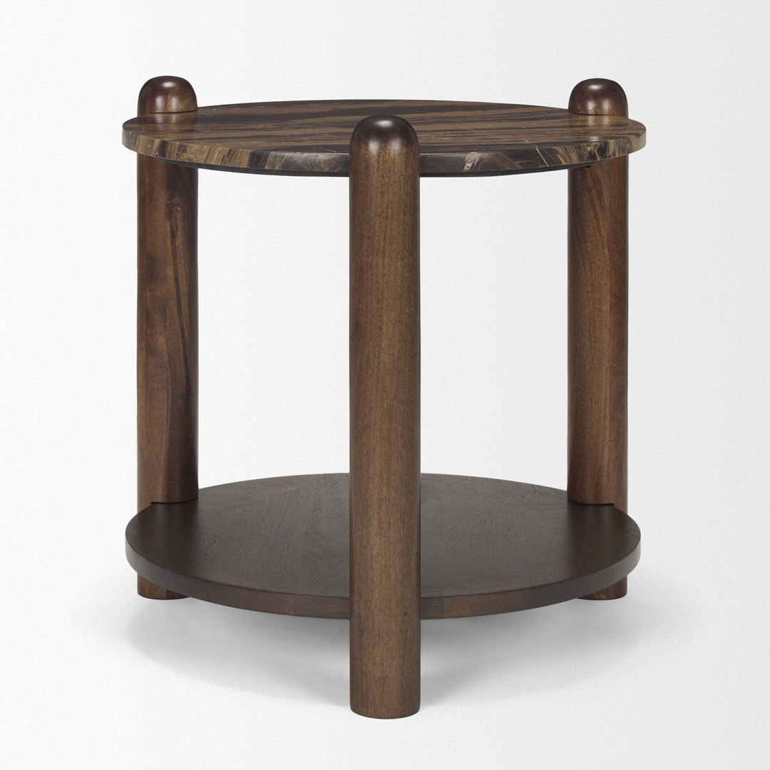Jovia Brown Mango Wood W/ Cappuccino Marble Round Side Table Living Room Mercana