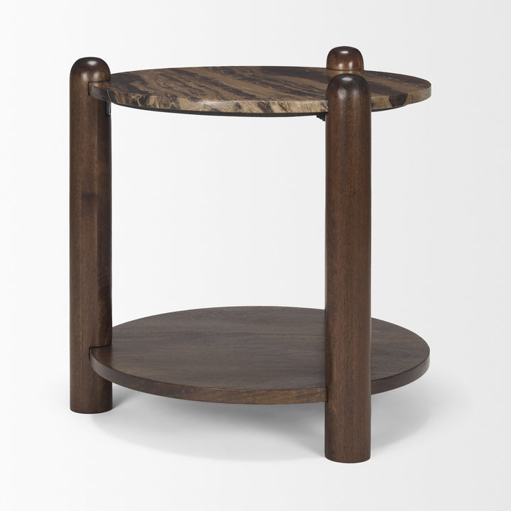 Jovia Brown Mango Wood W/ Cappuccino Marble Round Side Table Living Room Mercana