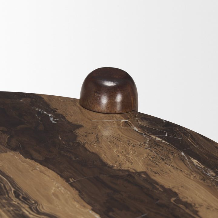 Jovia Brown Mango Wood W/ Cappuccino Marble Round Side Table Living Room Mercana