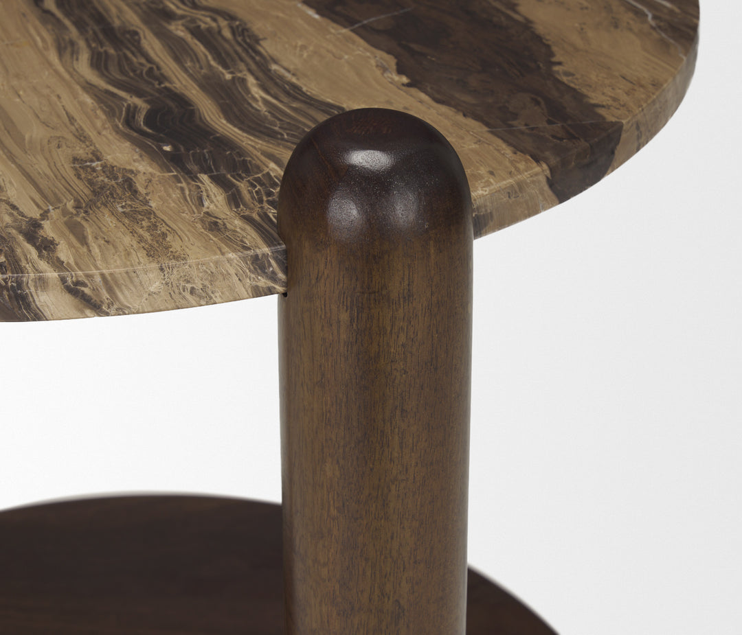 Jovia Brown Mango Wood W/ Cappuccino Marble Round Side Table Living Room Mercana