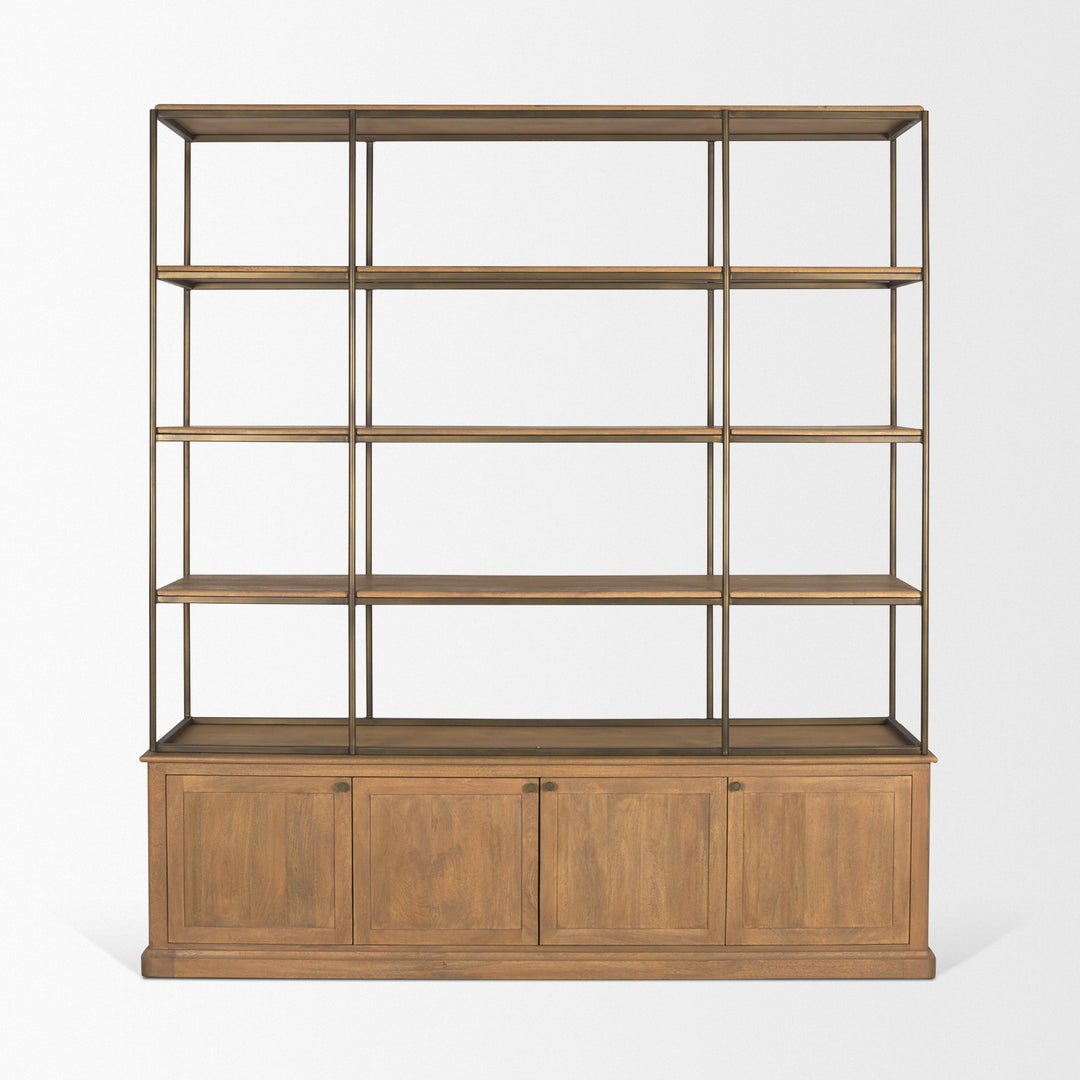 Baron 4-Door Light Brown Wood w/ Gunmetal Open Shelving Unit Living Room Mercana