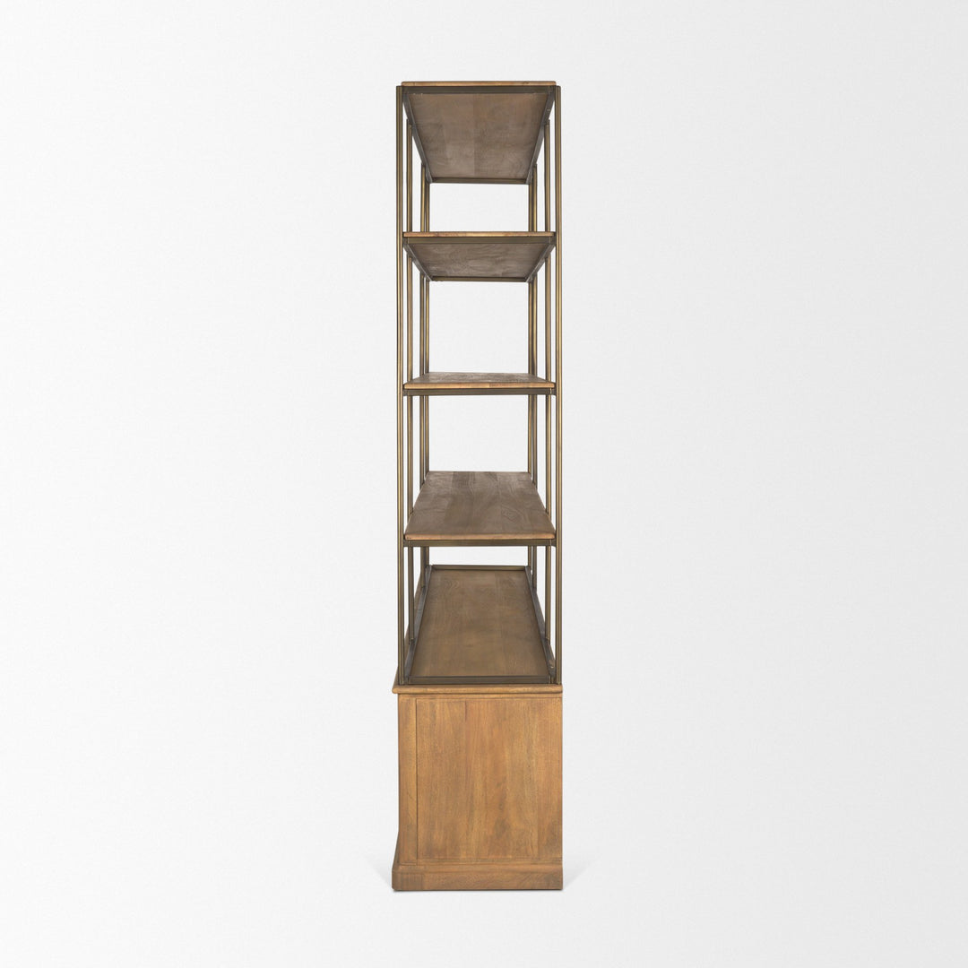 Baron 4-Door Light Brown Wood w/ Gunmetal Open Shelving Unit Living Room Mercana