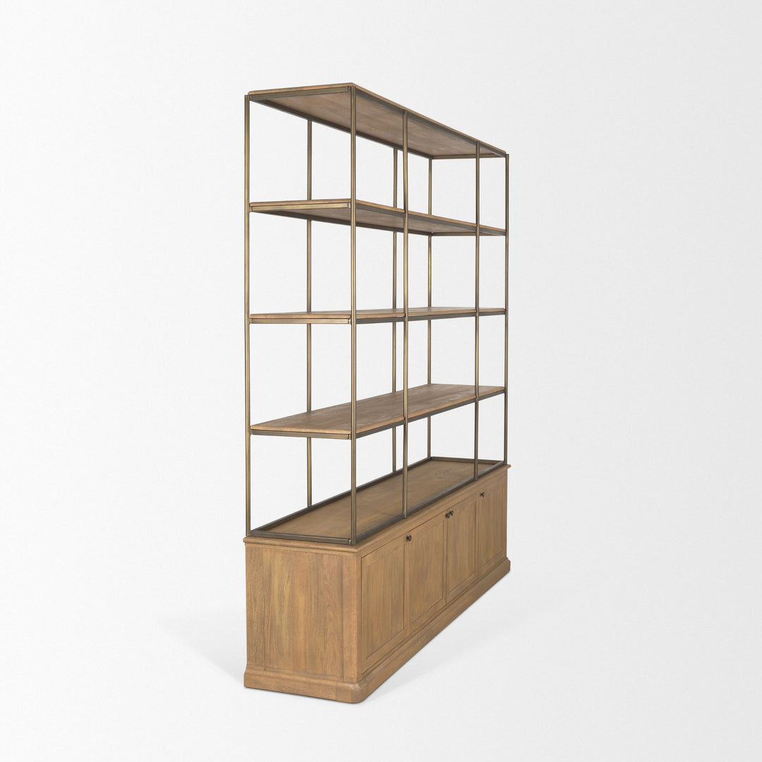 Baron 4-Door Light Brown Wood w/ Gunmetal Open Shelving Unit Living Room Mercana