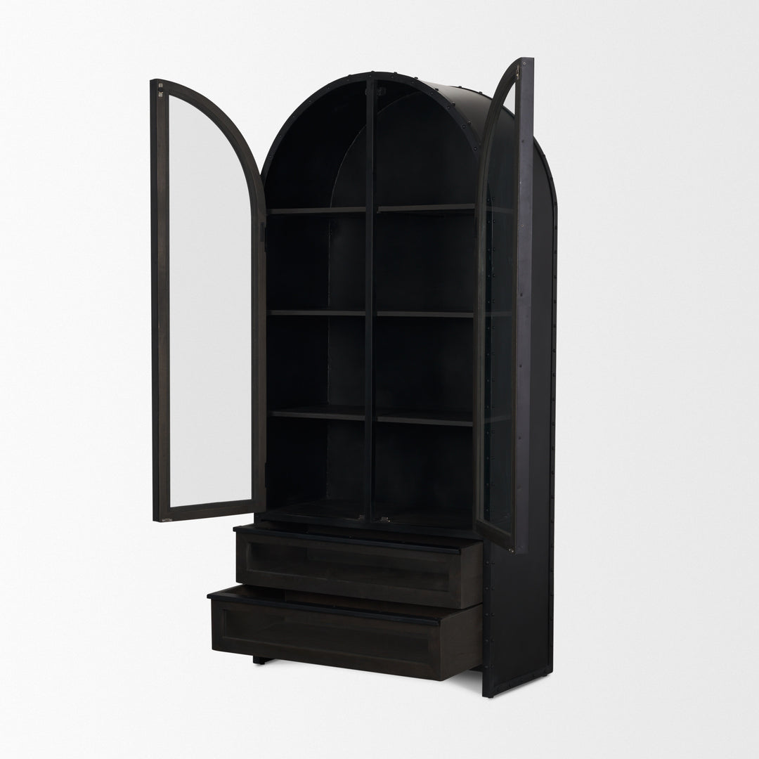 Gehry 72.3" H Dark Brown Metal Brown Wood and Glass Door Display Cabinet Living Room Mercana