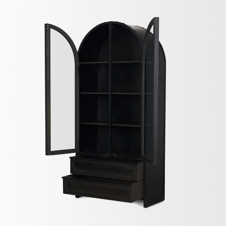 Gehry 72.3" H Dark Brown Metal Brown Wood and Glass Door Display Cabinet Living Room Mercana