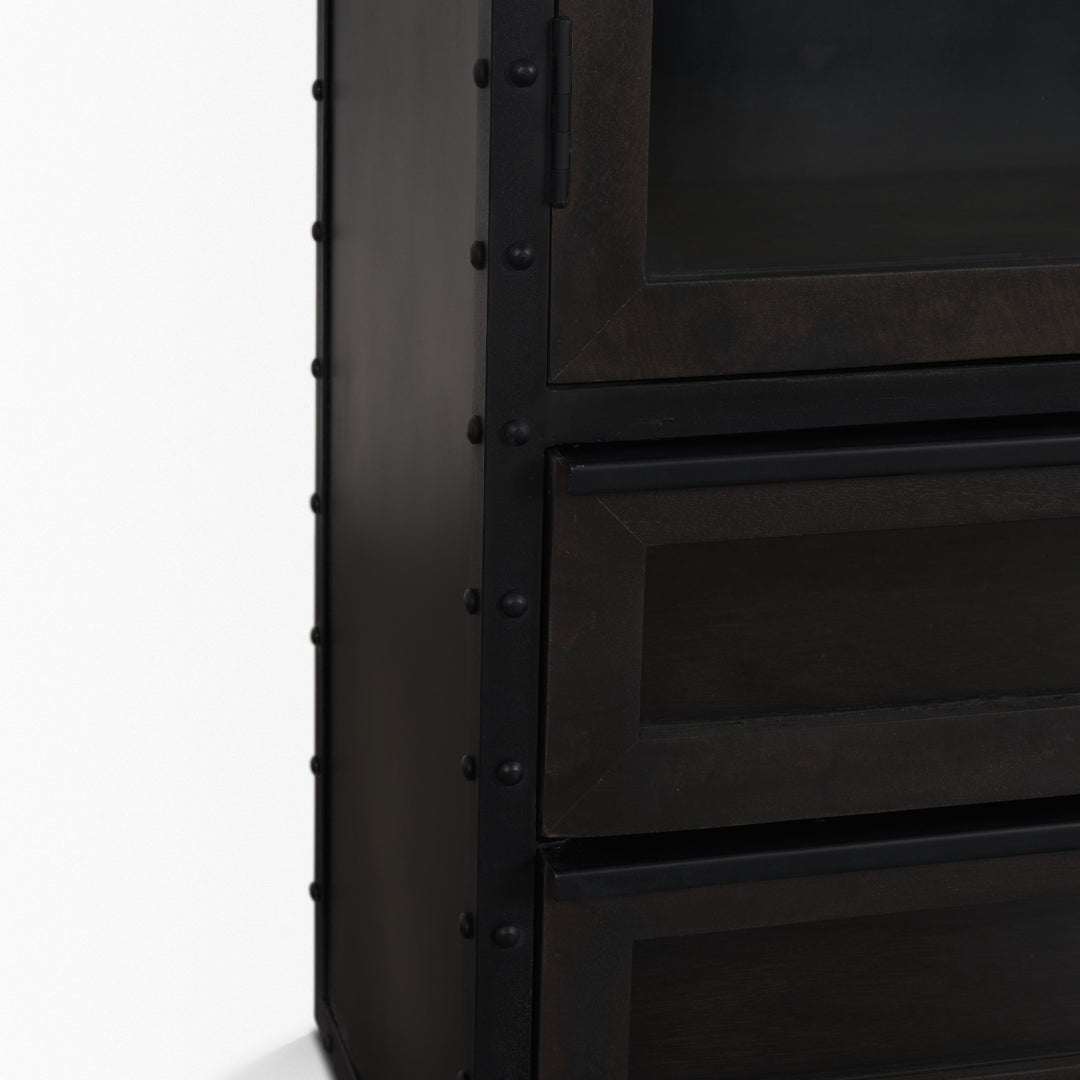 Gehry 72.3" H Dark Brown Metal Brown Wood and Glass Door Display Cabinet Living Room Mercana