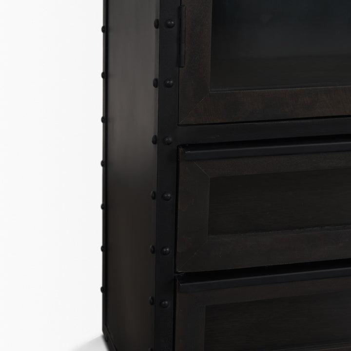 Gehry 72.3" H Dark Brown Metal Brown Wood and Glass Door Display Cabinet Living Room Mercana
