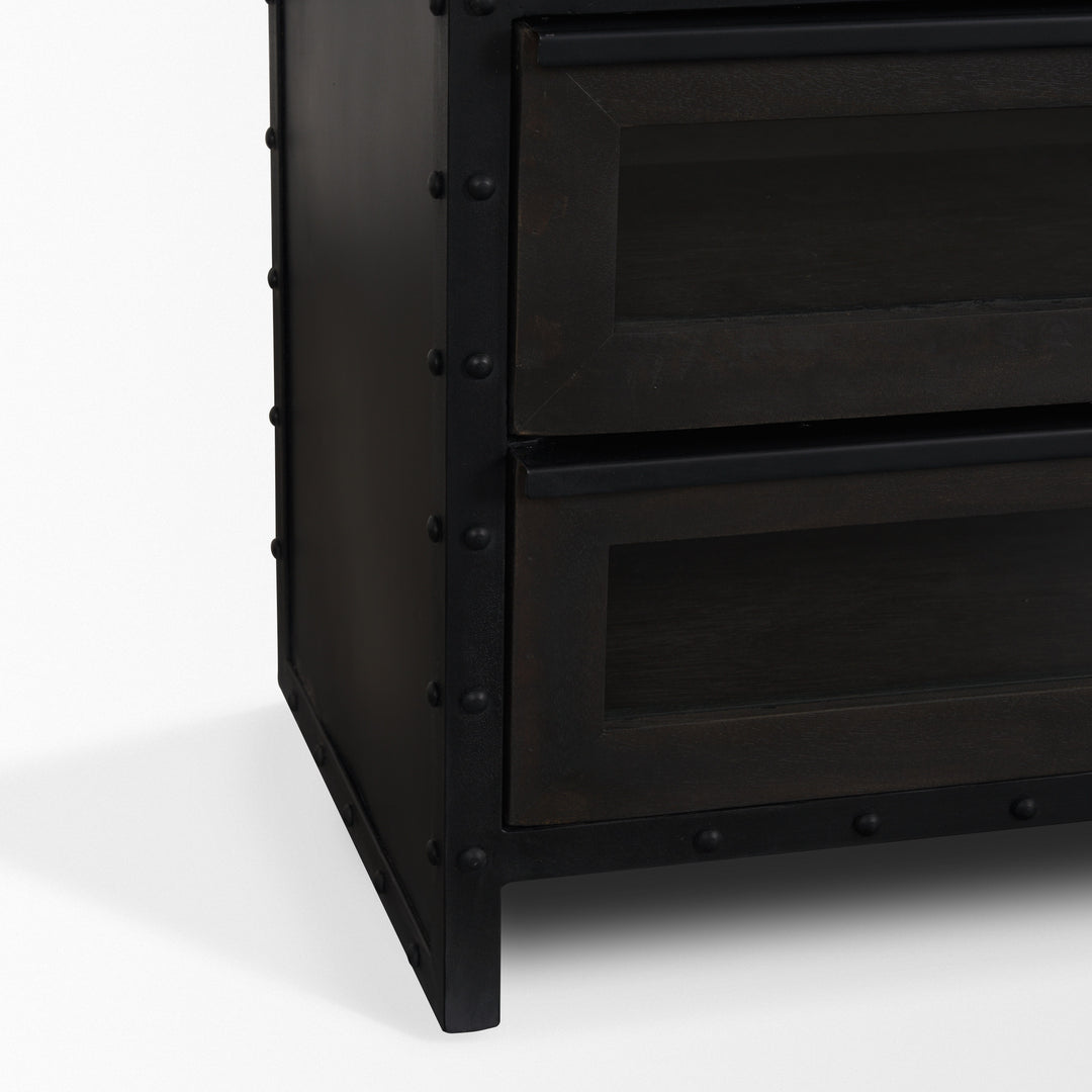 Gehry 72.3" H Dark Brown Metal Brown Wood and Glass Door Display Cabinet Living Room Mercana