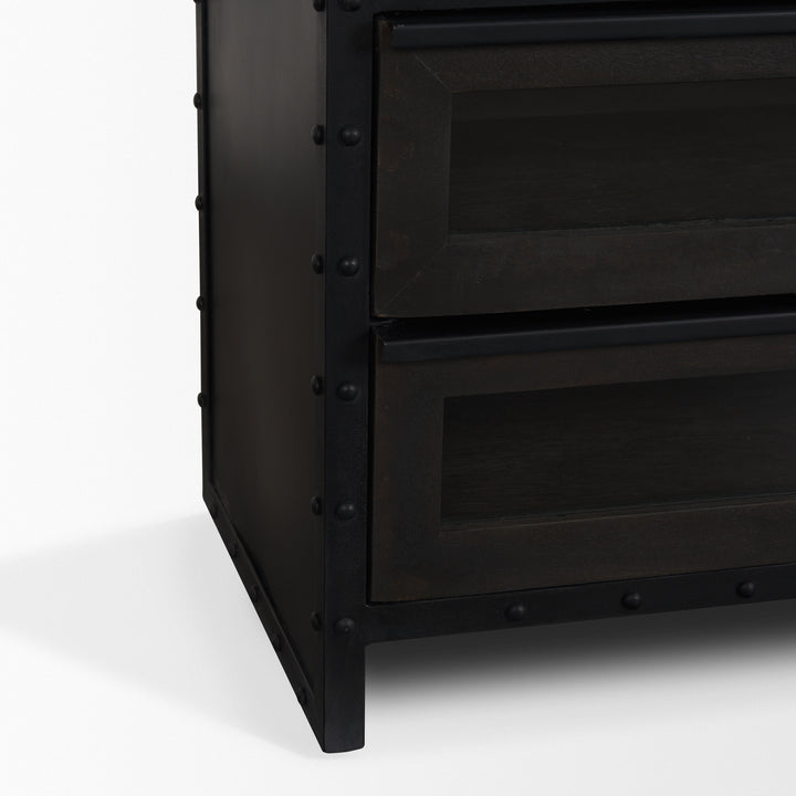 Gehry 72.3" H Dark Brown Metal Brown Wood and Glass Door Display Cabinet Living Room Mercana