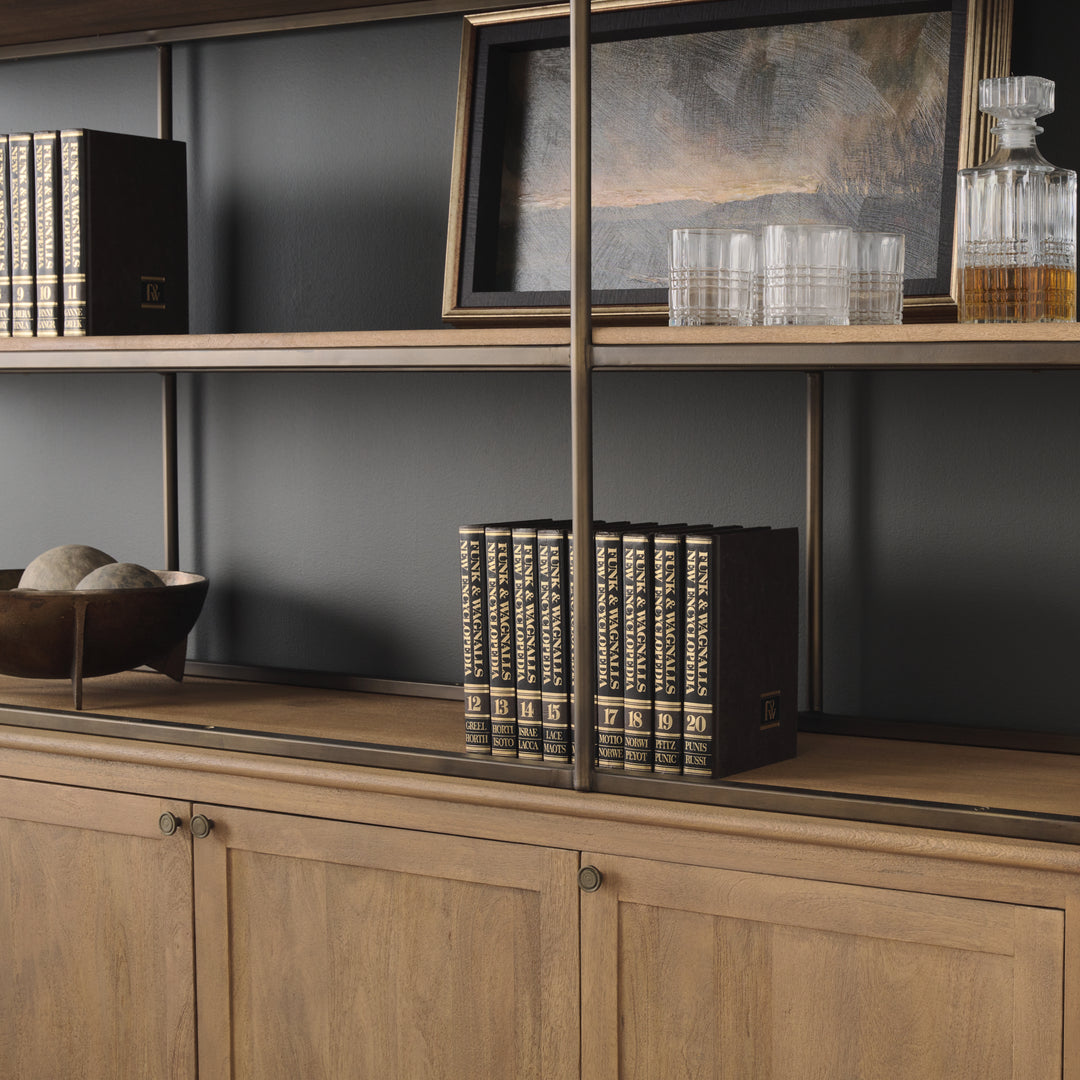 Baron 4-Door Light Brown Wood w/ Gunmetal Open Shelving Unit Living Room Mercana
