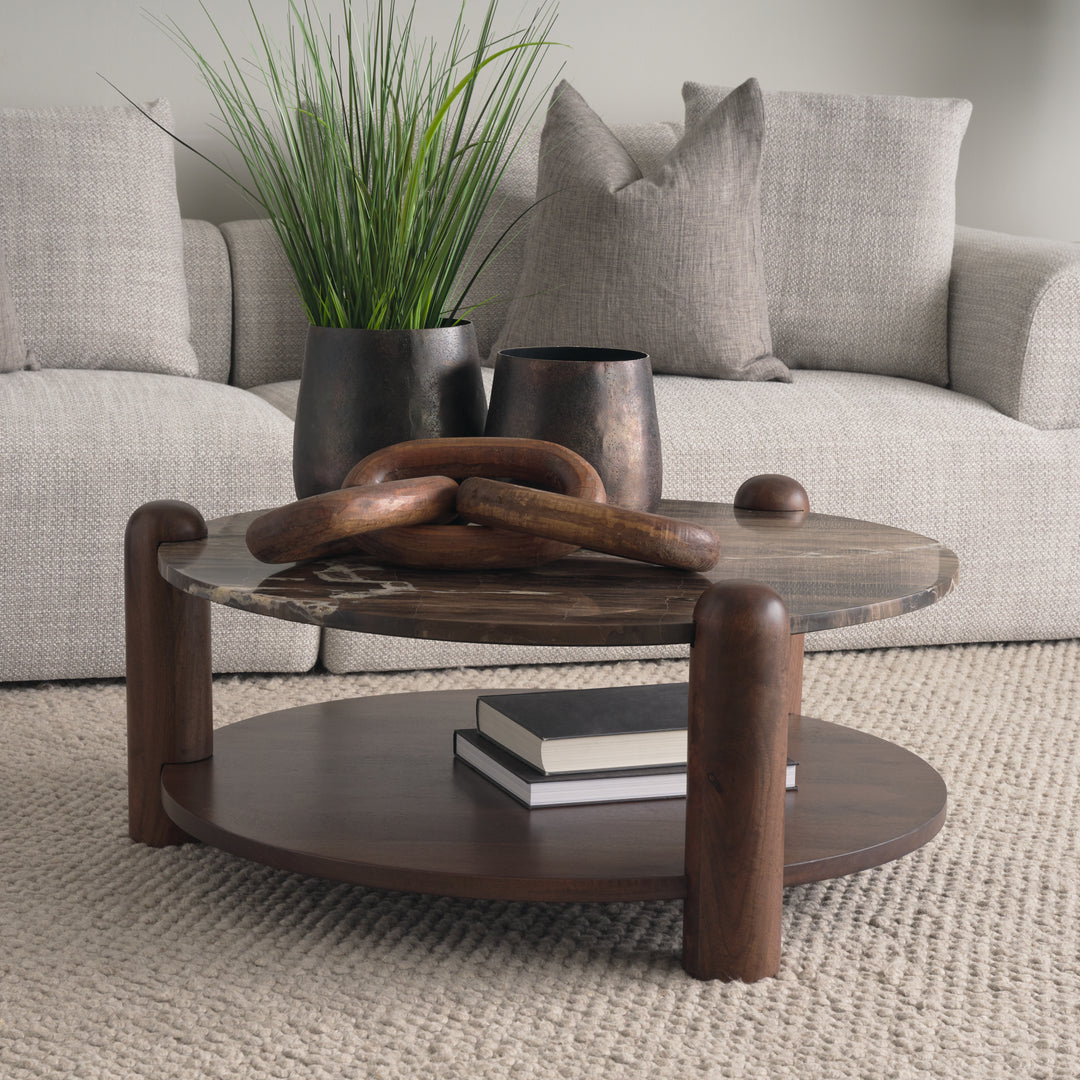 Jovia Brown Mango Wood W/ Cappuccino Marble Round Coffee Table Living Room Mercana