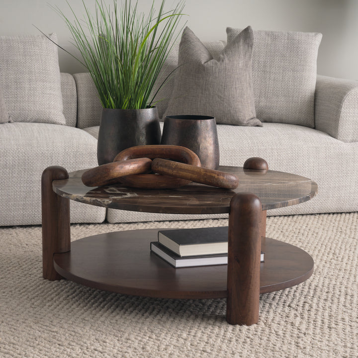 Jovia Brown Mango Wood W/ Cappuccino Marble Round Coffee Table Living Room Mercana