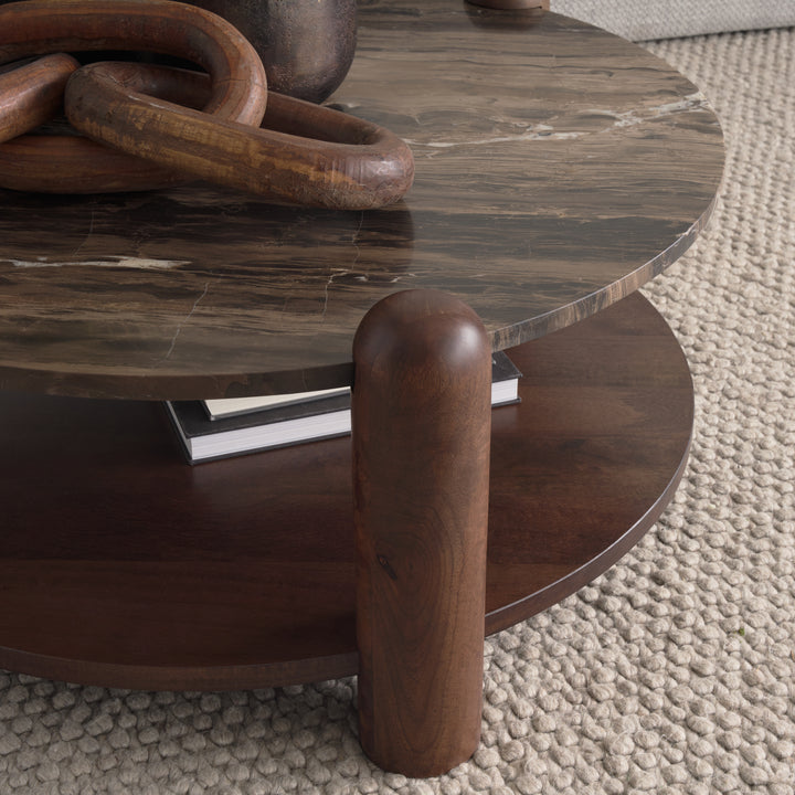 Jovia Brown Mango Wood W/ Cappuccino Marble Round Coffee Table Living Room Mercana