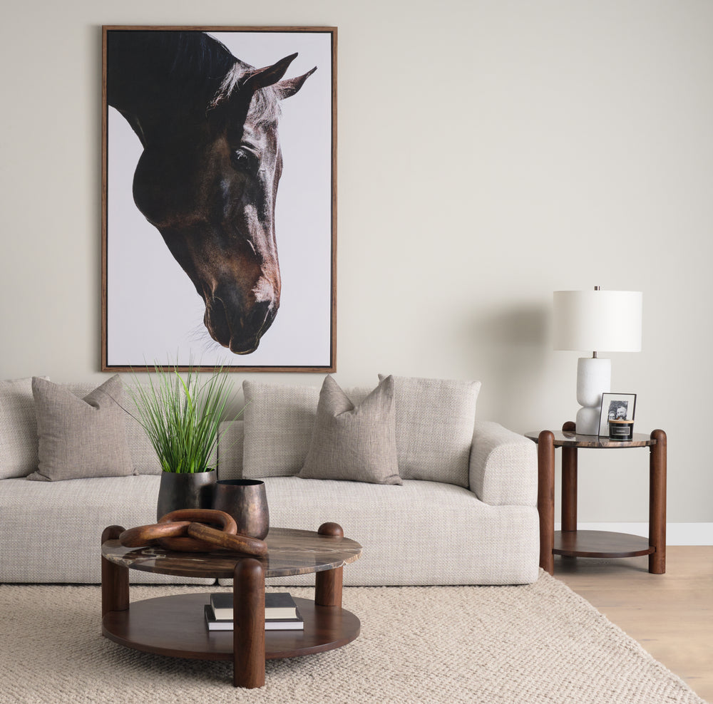 Jovia Brown Mango Wood W/ Cappuccino Marble Round Side Table Dining Room Mercana