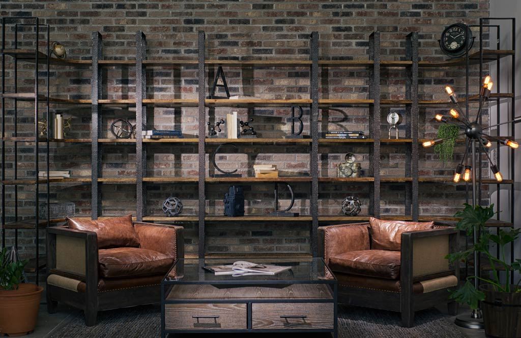 Turner I Curved Brown Wood and Black Iron Six Shelving Unit Living Room Mercana