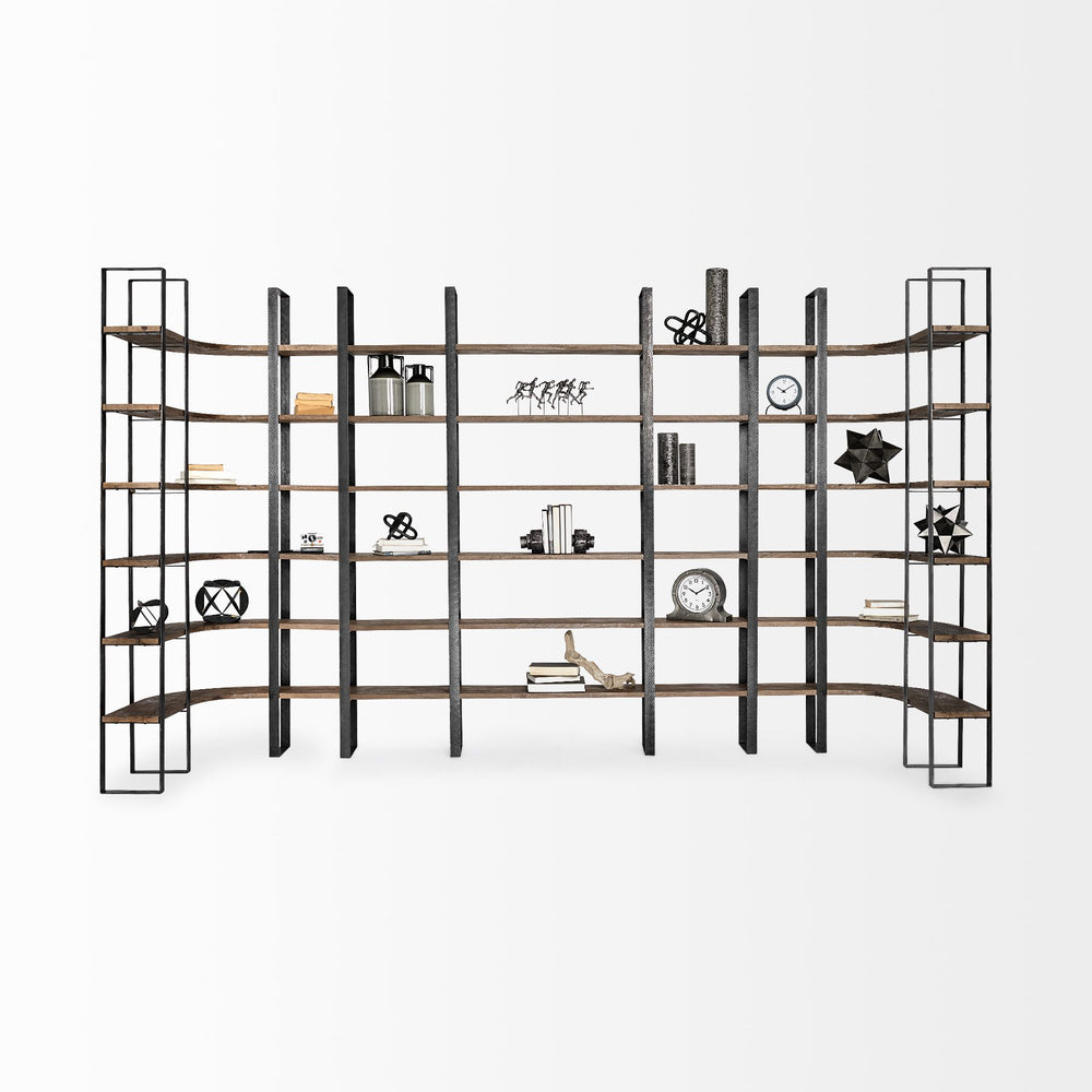 Taunton II Dark Brown Wood And Black Iron Six Shelving Unit Living Room Mercana