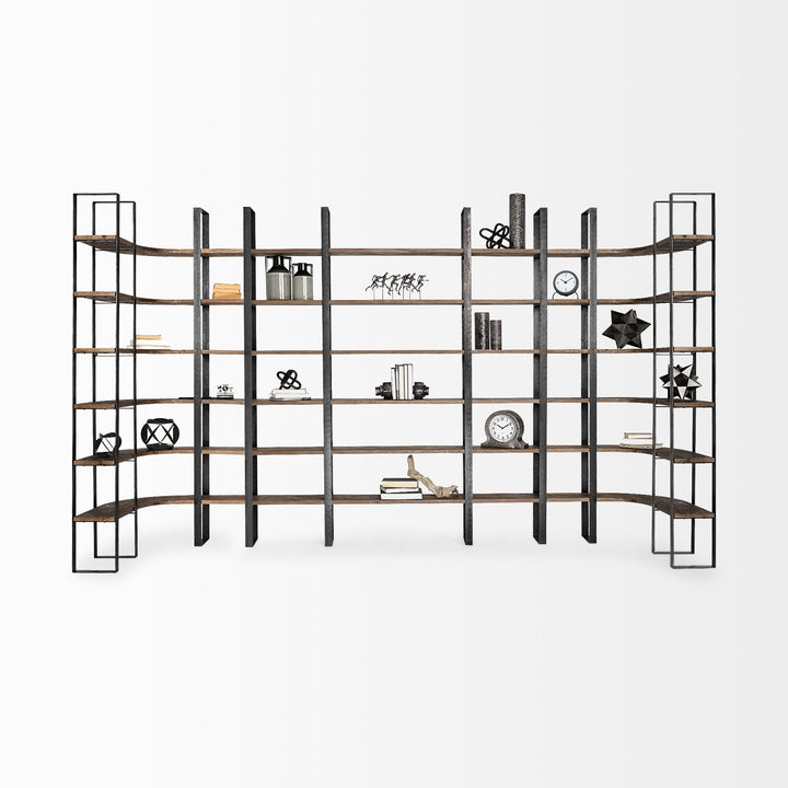 Taunton II Dark Brown Wood And Black Iron Six Shelving Unit Living Room Mercana