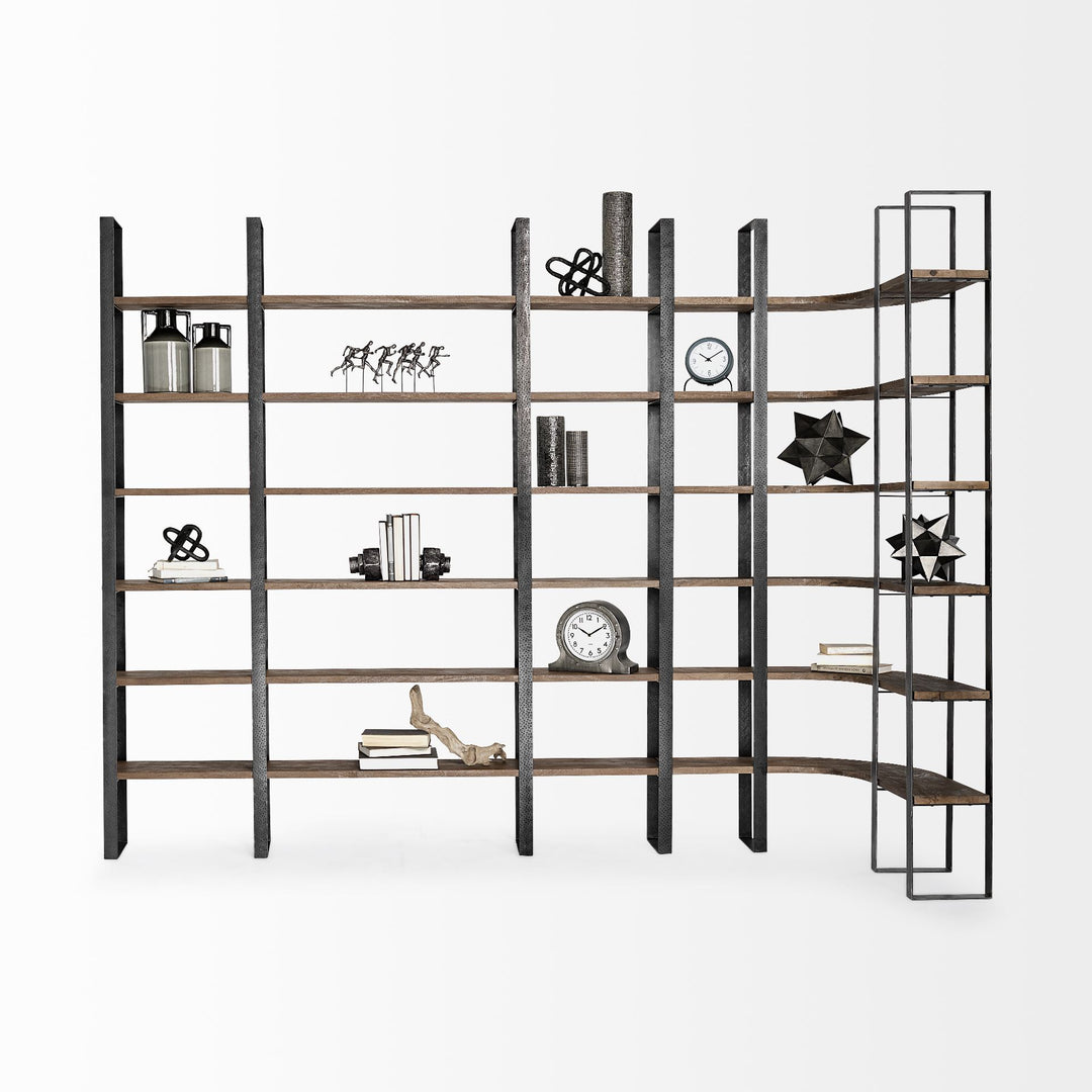 Taunton II Dark Brown Wood And Black Iron Six Shelving Unit Living Room Mercana