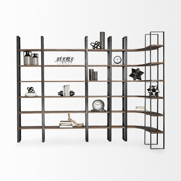 Taunton II Dark Brown Wood And Black Iron Six Shelving Unit Living Room Mercana
