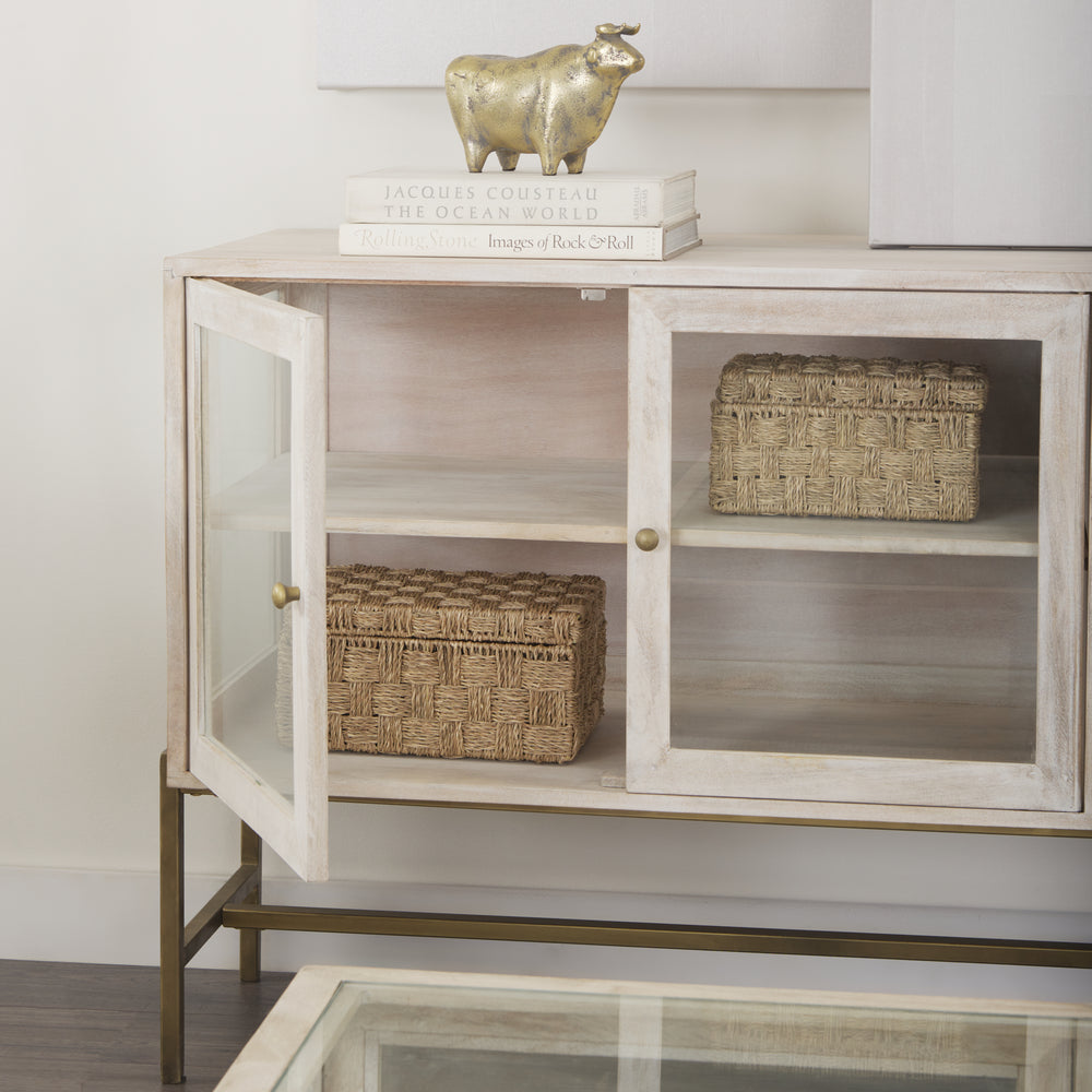 Arelius White Wood, Gold Metal Base w/ 2 Glass Doors Accent Cabinet Decor Mercana
