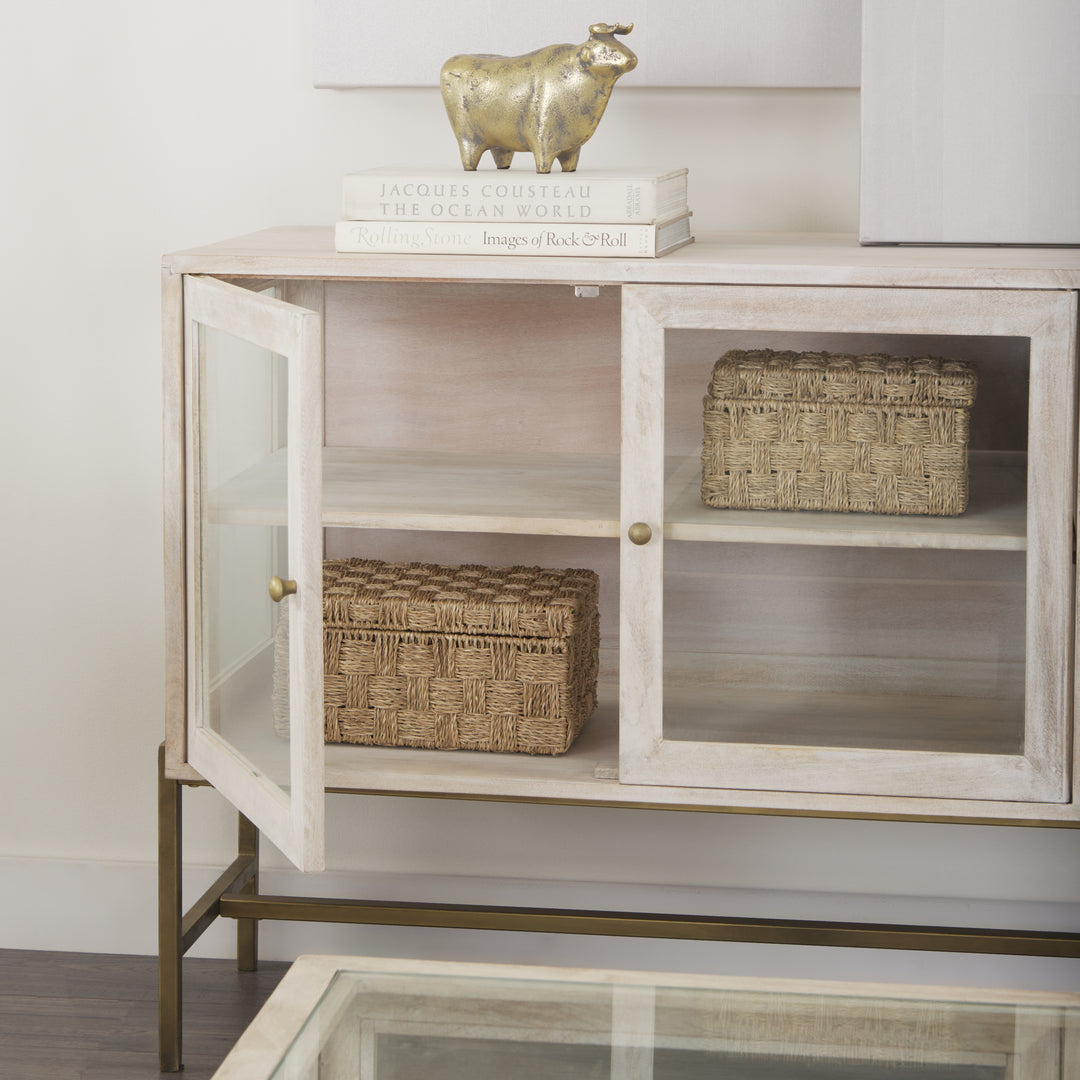 Arelius White Wood, Gold Metal Base w/ 2 Glass Doors Accent Cabinet Decor Mercana