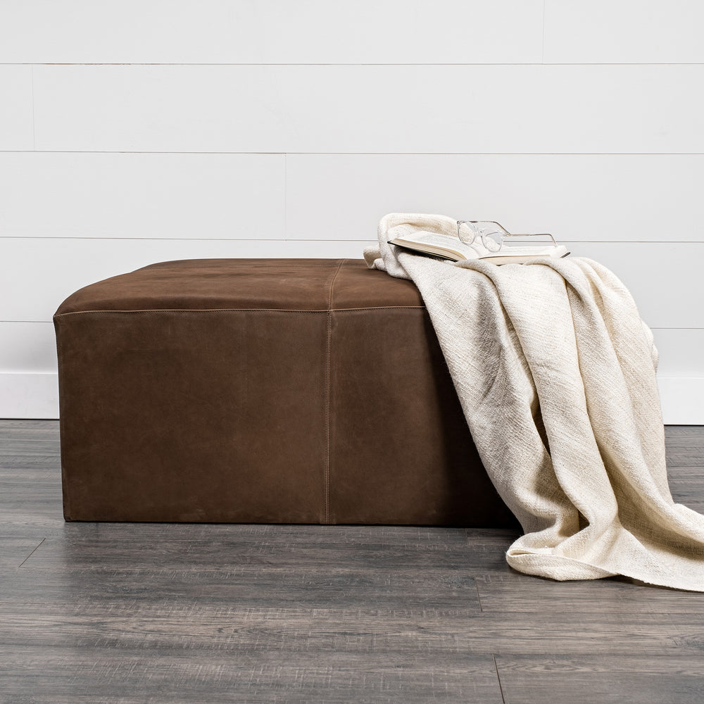 Minara 36" Square Brown Leather Wrapped w/Wood Base Ottoman Living Room Mercana