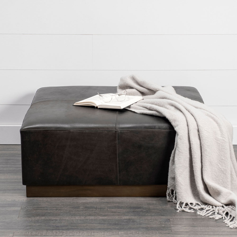 Minara 36" Square Black Leather Wrapped w/Metal Base Ottoman Living Room Mercana