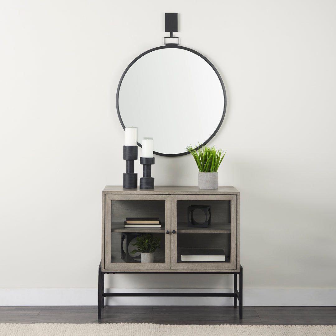 Arelius Gray Wood, Black Metal Base w/ 2 Glass Doors Accent Cabinet Decor Mercana