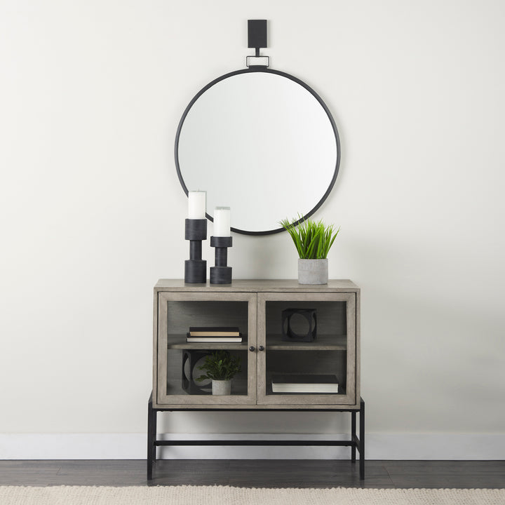 Arelius Gray Wood, Black Metal Base w/ 2 Glass Doors Accent Cabinet Decor Mercana