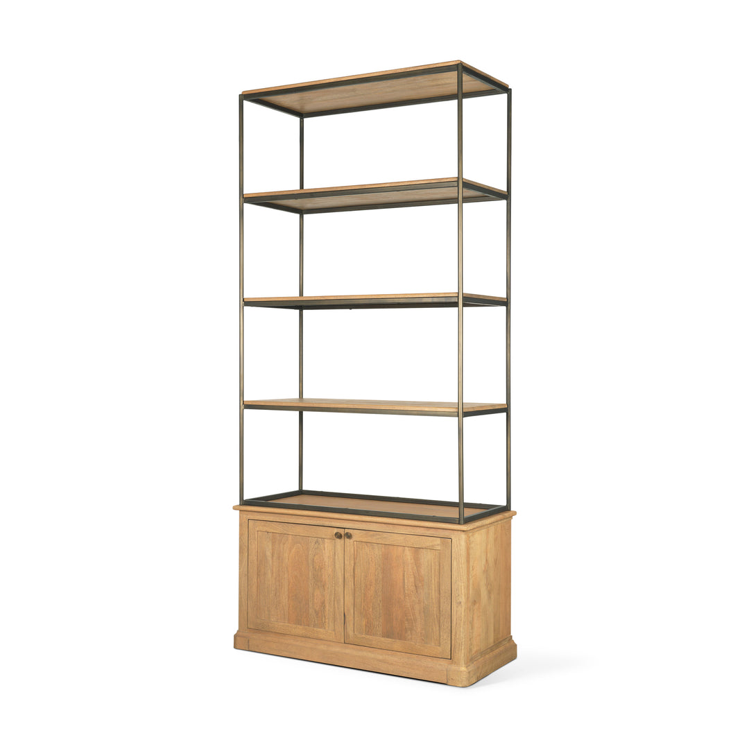 Baron Light Brown Wood w/ Gunmetal 2-Door Open Shelving Unit Living Room Mercana