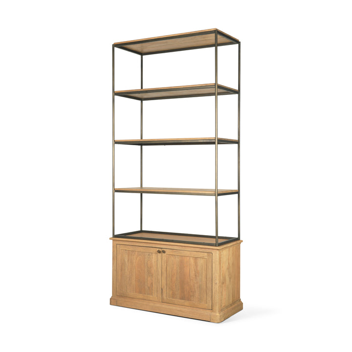 Baron Light Brown Wood w/ Gunmetal 2-Door Open Shelving Unit Living Room Mercana