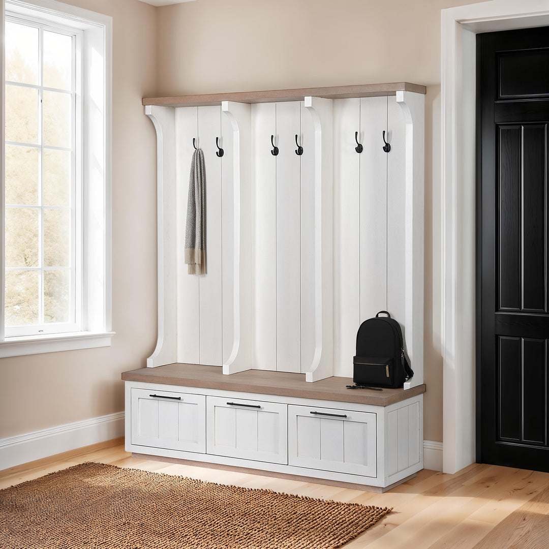 Fairview IV 61L x 17W White And Brown Wood With Storage Hall Tree Decor Mercana
