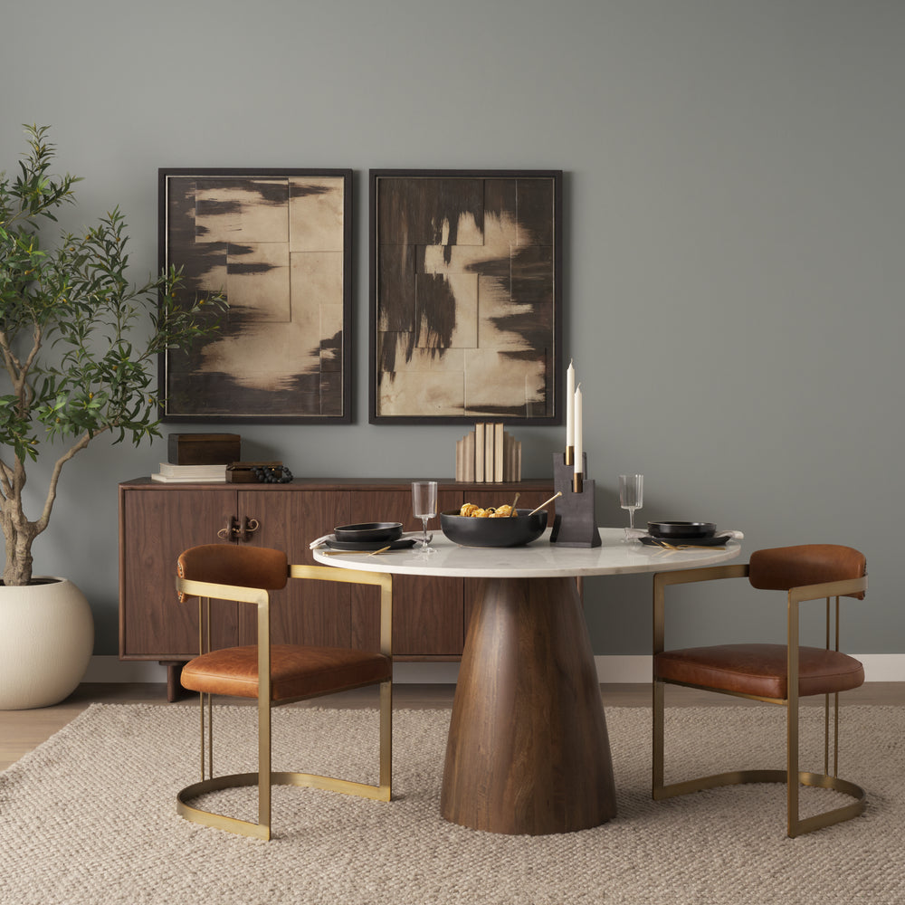 Allyson 48" Round Brown Wood Pedestal w/ White Marble Top Dining Table Dining Room Mercana
