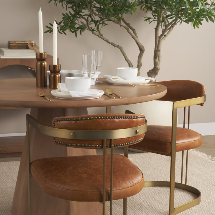 Hollyfield I Brown Leather Seat Gold Iron Frame Dining Chair Living Room Mercana