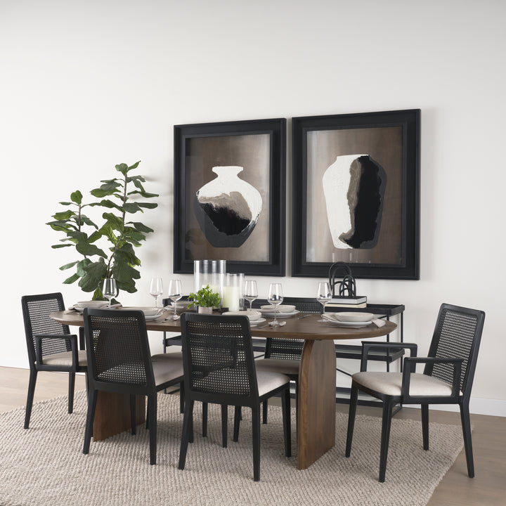 Clara Black Wood W/ Cream Fabric Seat and Cane Back Armless Dining Chair Living Room Mercana