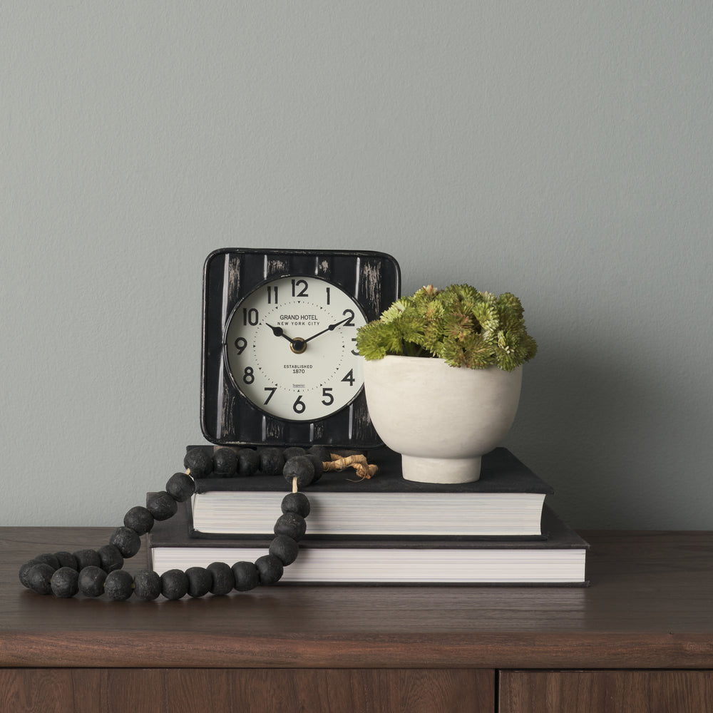 Karl Rustic Black Iron Rounded Square Table Clock Decor Mercana