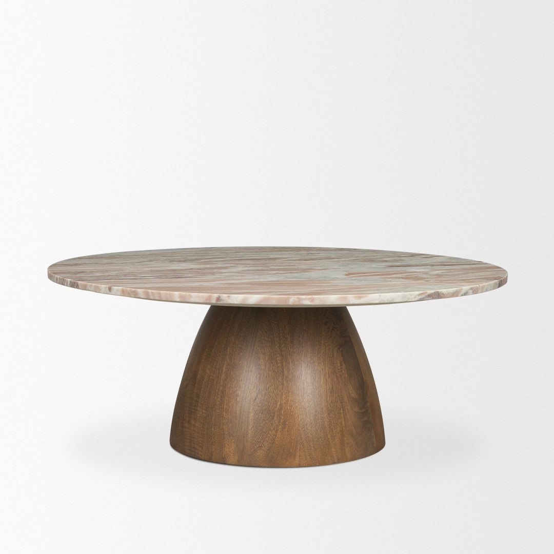 Allyson Round Brown Pedestal w/ Pink Marble Top Coffee Table Living Room Mercana