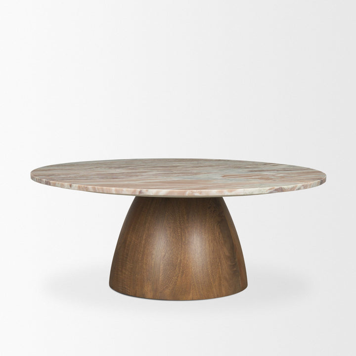Allyson Round Brown Pedestal w/ Pink Marble Top Coffee Table Living Room Mercana