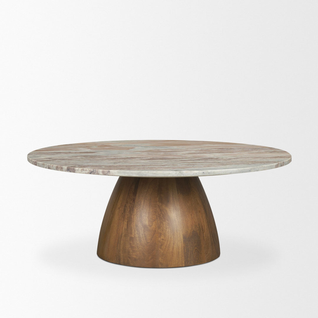 Allyson Round Brown Pedestal w/ Pink Marble Top Coffee Table Living Room Mercana