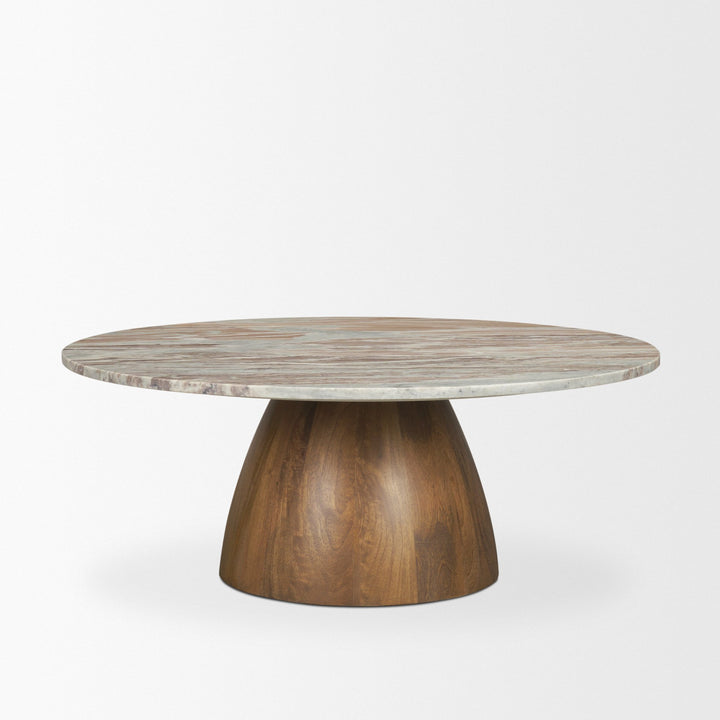 Allyson Round Brown Pedestal w/ Pink Marble Top Coffee Table Living Room Mercana