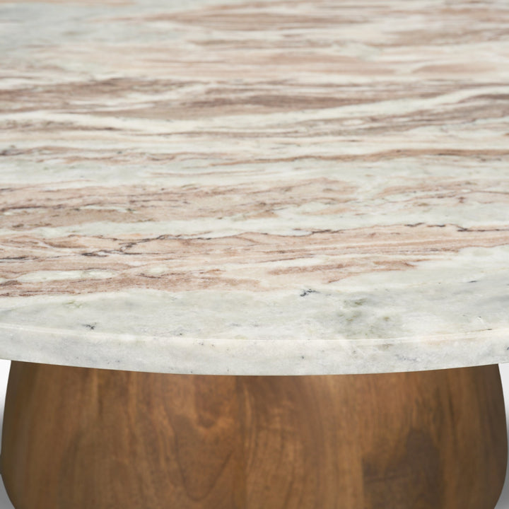 Allyson Round Brown Pedestal w/ Pink Marble Top Coffee Table Living Room Mercana