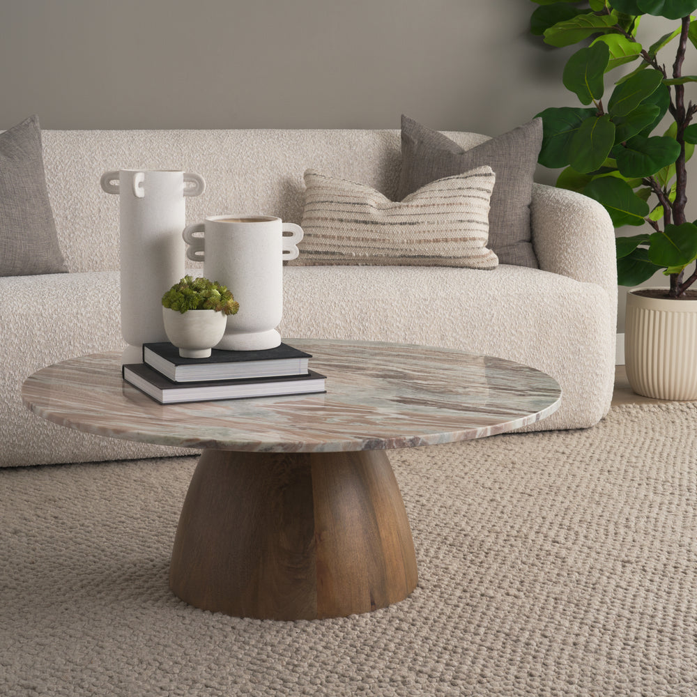 Allyson Round Brown Pedestal w/ Pink Marble Top Coffee Table Living Room Mercana