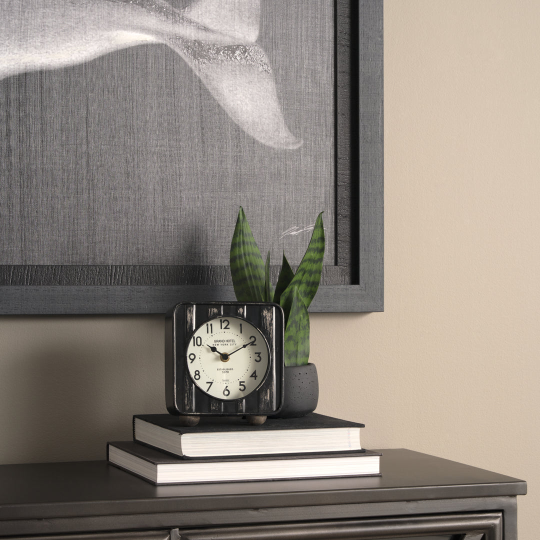 Karl Rustic Black Iron Rounded Square Table Clock Decor Mercana
