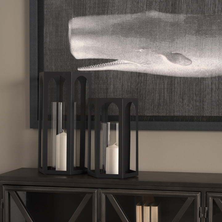 Balley Set of Two Matte Black Metal Hexagonal Candle Holder Lanterns Decor Mercana