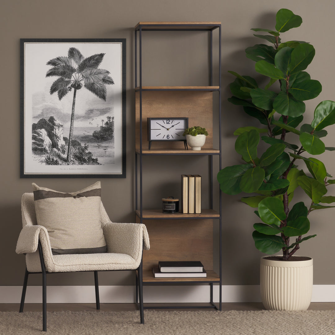 Morris 19.75 L x 15.0W x 72.5H Beige Wood W/Black Metal Frame 4-Tier Shelving Unit Decor Mercana