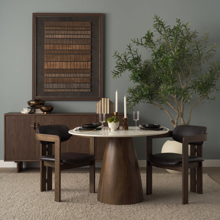 Allyson 42" Round Brown Wood Pedestal w/Banswara White Marble Top Dining Table Dining Room Mercana