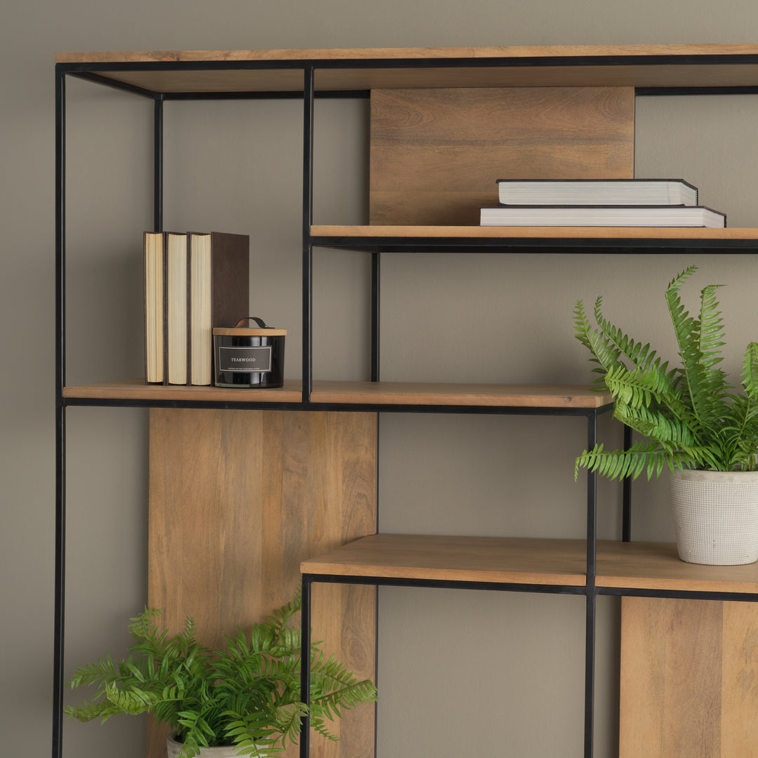 Morris Light Brown Wood w/ Black Metal Frame 6-Tier Shelving Unit Decor Mercana