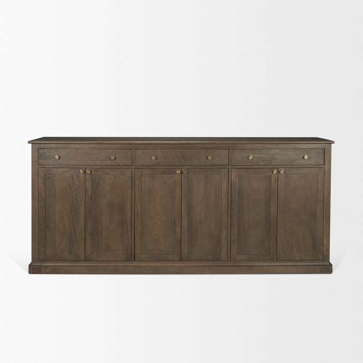 Baron Dark Brown Solid Wood w/ Antiqued Aged Brass Knobs 3-Drawer 6-Door Sideboard Dining Room Mercana