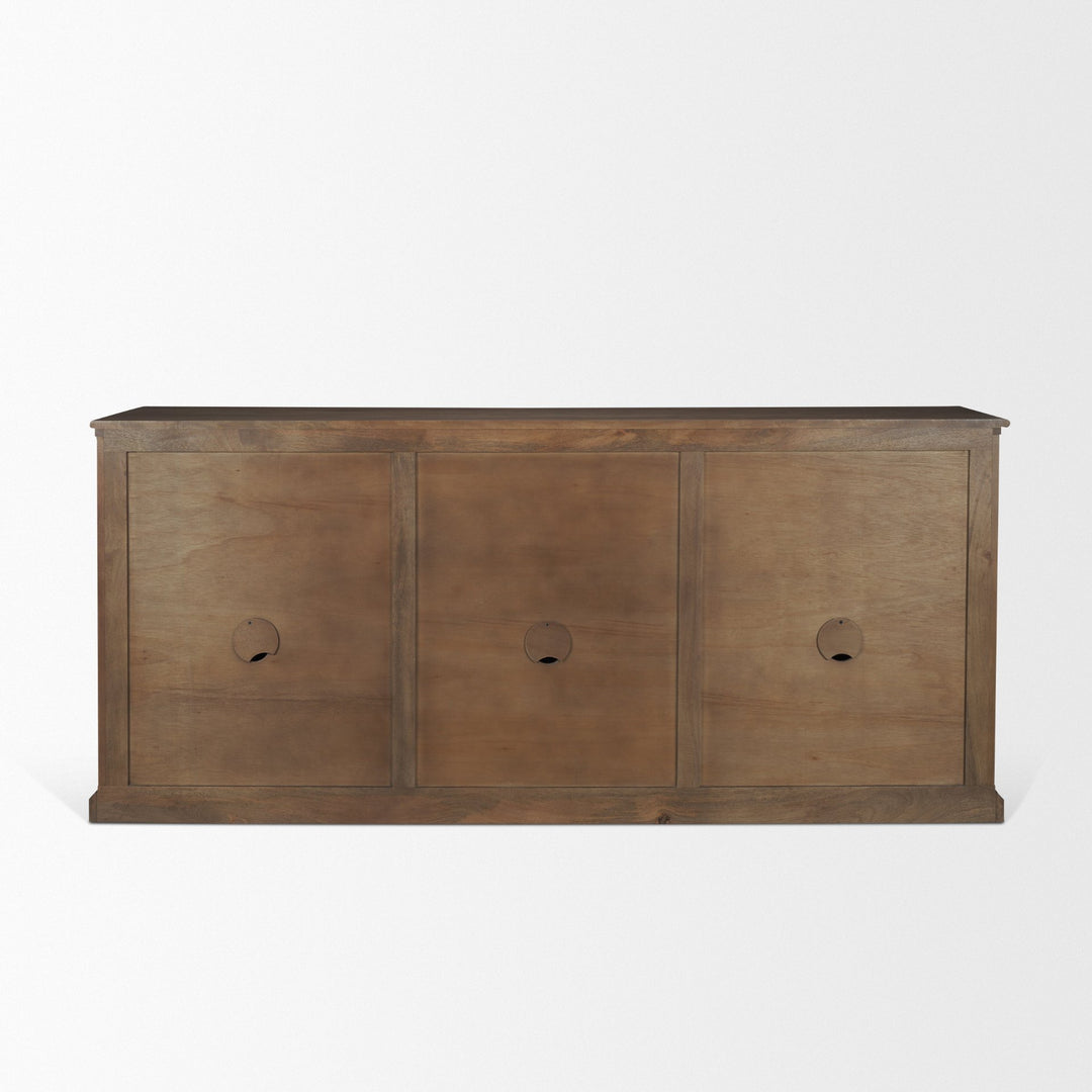 Baron Dark Brown Solid Wood w/ Antiqued Aged Brass Knobs 3-Drawer 6-Door Sideboard Dining Room Mercana