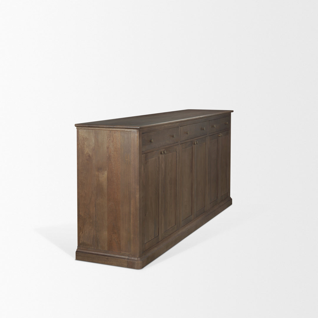 Baron Dark Brown Solid Wood w/ Antiqued Aged Brass Knobs 3-Drawer 6-Door Sideboard Dining Room Mercana